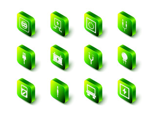 Poster - Set Electric transformer, light switch, Audio jack, Light emitting diode, Lightning bolt, cable, Fuse and icon. Vector