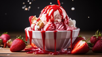 Wall Mural - Fresh strawberry sauce splash on a sundae icecream - stock concepts