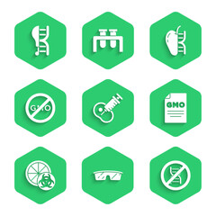 Wall Mural - Set Genetically modified meat, Laboratory glasses, Stop GMO, orange, No, apple and chicken icon. Vector