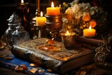 Fototapeta Tulipany - In a mystical still life, an ancient book is surrounded by lit candles, creating an atmosphere of magic ritual and occult knowledge. The dark ambience adds an esoteric and vintage touch