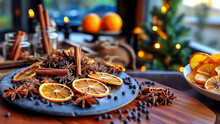 Traditional Christmas Spices And Dried Orange Slices On Holiday Bokeh Background With Defocus Lights. Cinnamon Sticks, Star Anise, Pine Cones And Cloves. Christmas Spices Decoration, Digital Ai