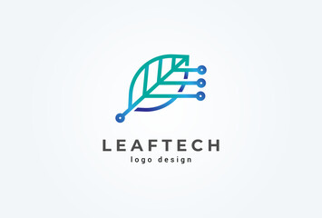 Leaf Tech Logo, leaf with technological elements combination, usable for green technology and company logos, flat design logo template, vector illustration