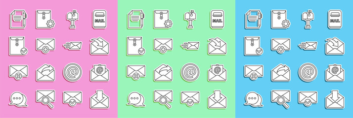 Poster - Set line Envelope, Mail and e-mail, box, Received message concept, check mark, Document pen and Express envelope icon. Vector