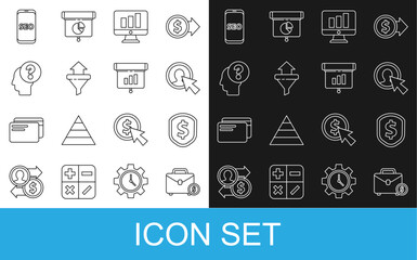 Poster - Set line Briefcase and money, Monitor graph chart, Sales funnel arrows, Human head question mark, Mobile phone SEO optimization and Graph, diagram, infographic icon. Vector