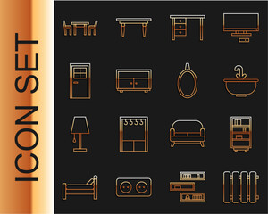 Poster - Set line Heating radiator, Library bookshelf, Washbasin with water tap, Office desk, Chest of drawers, Closed door, Wooden table chair and Mirror icon. Vector