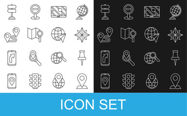 Sticker - Set line Location, Push pin, Wind rose, City map navigation, Search location, Route, Road traffic sign and Globe with flying plane icon. Vector