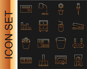 Poster - Set line Pencil sharpener, Router and wi-fi signal, Office stapler, Flower in pot, Drawer with documents, Pie chart infographic, Business card and Computer mouse icon. Vector