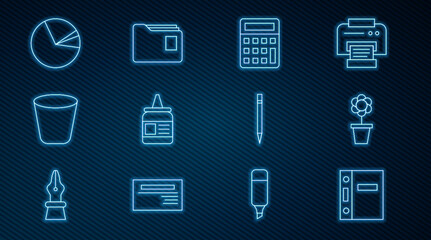 Poster - set line office folders, flower in pot, calculator, glue, trash can, pie chart infographic, pencil w