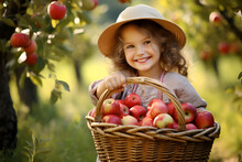 A Little Girl In A Hat With A Basket Of Red Apples In The Garden 1