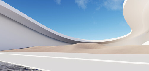 3d Render, Abstract Surreal pastel landscape background with Architecture modern building and geometric arches, Colorful dune scene with copy space, blue sky and cloudy, Minimalist decor design