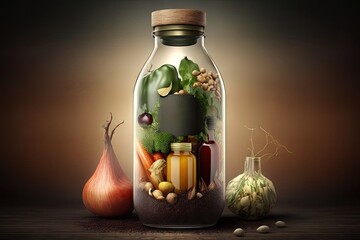 Wall Mural - Vegetables in glass jar on wooden table