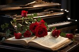 a bouquet of roses in a Victorian house next to a piano
