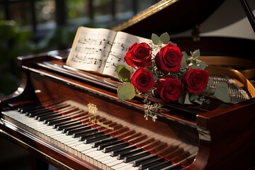 Wall Mural - a bouquet of roses in a Victorian house next to a piano
