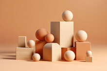 Wooden Beige Shapes In Various Forms On A Wooden Pedestal Create A Unique And Artistic Design. Neutral Colors And Geometric Balance Add A Touch Of Modern Monochrome Minimalism