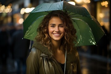 Wall Mural - young girl on a rainy day with a green umbrella