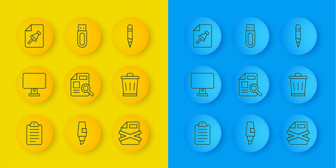 Poster - Set line To do list or planning, Computer monitor, Document with graph chart, Delete file document, Trash can, Note paper push button, Pencil and USB flash drive icon. Vector