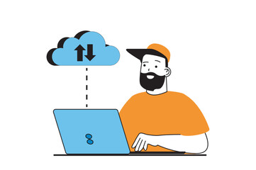 Poster - Cloud computing concept with people scene in flat web design. Man sync data in cloud storage, working at laptop with sharing files. Vector illustration for social media banner, marketing material.