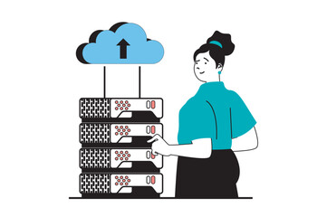 Poster - Cloud computing concept with people scene in flat web design. Woman working and administering at server rack room, monitoring hardware. Vector illustration for social media banner, marketing material.