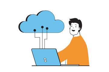 Poster - Cloud computing concept with people scene in flat web design. Man processing data using backup, transfer and download files at laptop. Vector illustration for social media banner, marketing material.