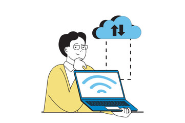 Poster - Cloud computing concept with people scene in flat web design. Man using wifi connect for getting access for cloud storage with files. Vector illustration for social media banner, marketing material.