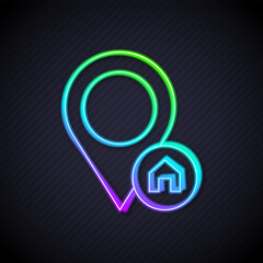 Poster - Glowing neon line Map pointer with house icon isolated on black background. Home location marker symbol. Vector