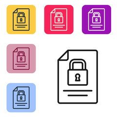 Poster - Black line Document and lock icon isolated on white background. File format and padlock. Security, safety, protection concept. Set icons in color square buttons. Vector
