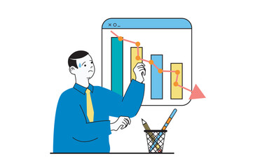 Crisis management concept with people scene in flat web design. Man monitoring investments and financial diagrams with negative trend. Vector illustration for social media banner, marketing material.