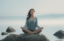A Young Woman Meditating On A Rock At The Seashore On The Beach, Practicing Mindfulness And Focused Breathing To Improve Her Mental Well-being.breathwork Concept