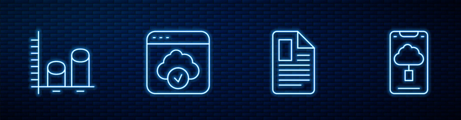 Aufkleber - Set line File document, Data analysis, Cloud technology data transfer and . Glowing neon icon on brick wall. Vector