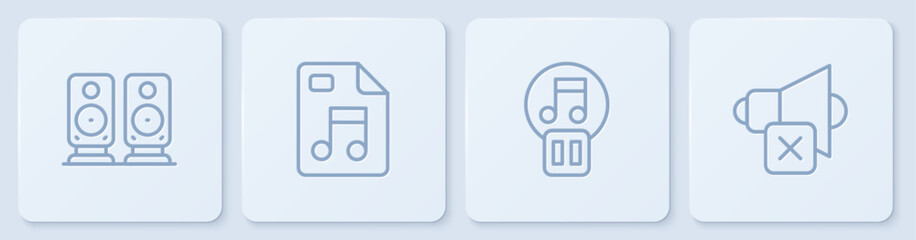 Poster - Set line Stereo speaker, Pause button, MP3 file document and Speaker mute. White square button. Vector