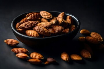 The almond in small black bowl isolated on transparent background