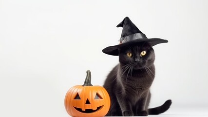 Wall Mural - Black cat wearing witch hat with orange pumpkins in halloween time, isolated on white background