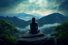 Silhouette Of A Female Model Meditating On A Rock On Hilltop, Nature, Lifestyle, Exercise, Mindful