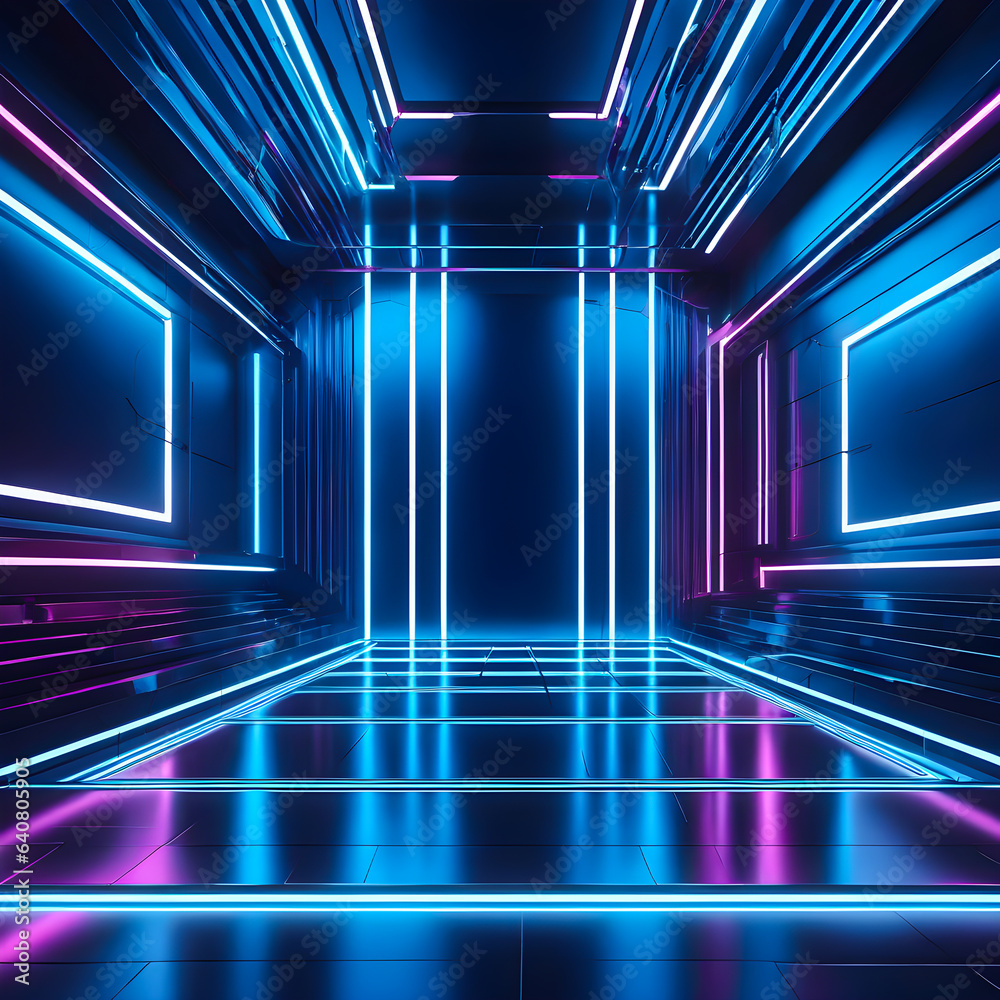 Abstract Background 3D rendering blue room with stripes of neon lights ...