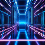 Fototapeta Do przedpokoju - Abstract Background 3D rendering blue room with stripes of neon lights and reflections. Sci-FI Futuristic architecture background Chaotic Blue Neon Lights laser with rays and lines. Generative AI