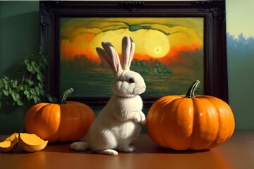 A White Rabbit Sitting Next To Two Pumpkins