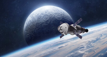 Leinwandbilder - Spacecraft on orbit of Earth planet. Mission on Moon. Moon and Earth in deep dark space. Elements of this image furnished by NASA