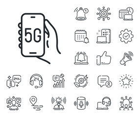 Poster - Hand hold phone sign. Place location, technology and smart speaker outline icons. 5g internet app line icon. Cellphone with screen notification symbol. 5g internet line sign. Vector