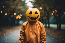 A Man In A Pumpkin Jack-o'-lantern Costume, Autumn And Halloween Holidays Concept