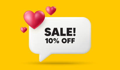 Sticker - Sale 10 percent off discount. 3d speech bubble banner with hearts. Promotion price offer sign. Retail badge symbol. Sale chat speech message. 3d offer talk box. Vector