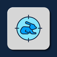 Poster - Filled outline Hunt on rabbit with crosshairs icon isolated on blue background. Hunting club logo with rabbit and target. Rifle lens aiming a hare. Vector