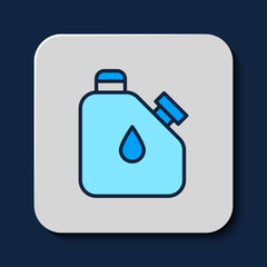 Sticker - Filled outline Canister for flammable liquids icon isolated on blue background. Oil or biofuel, explosive chemicals, dangerous substances. Vector