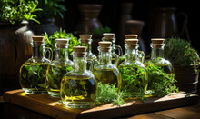 Bottles With Oil, Herbs On A Table On A Dark Background.