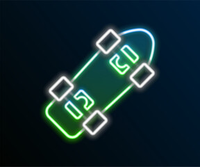 Poster - Glowing neon line Skateboard icon isolated on black background. Extreme sport. Sport equipment. Colorful outline concept. Vector