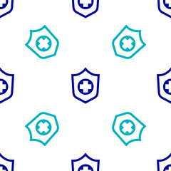 Poster - Blue Life insurance in hand icon isolated seamless pattern on white background. Security, safety, protection, protect concept. Vector