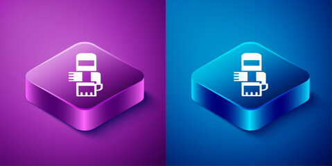 Poster - Isometric Winter scarf icon isolated on blue and purple background. Square button. Vector