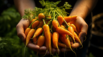 The harvest of carrots in the hands of the farmer