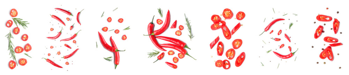 Wall Mural - Set of hot chili pepper on white background, top view