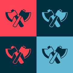 Sticker - Pop art Wooden axe icon isolated on color background. Lumberjack axe. Vector