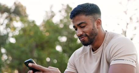 Poster - Phone, typing and happy man in nature for fitness outdoor on social media, internet and networking. Smartphone, scroll and person smile at park, email and communication on mobile app after training